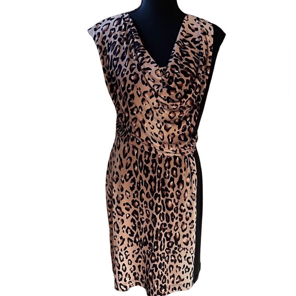 Sandra Darren animal print sleeveless dress with shirred neckline/front sz 10